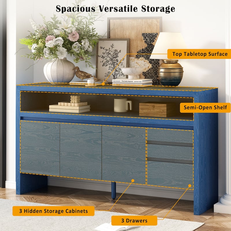 Roomfitters 60" Modern Solid Wood Veneer Sideboard with 3 Doors & 3 Drawers, Open Shelf & Cable Cutout, Large Storage Cabinet
