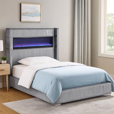 Caro Queen Bed, Wingback Panel w LED Flame, Gray Corduroy Upholstery