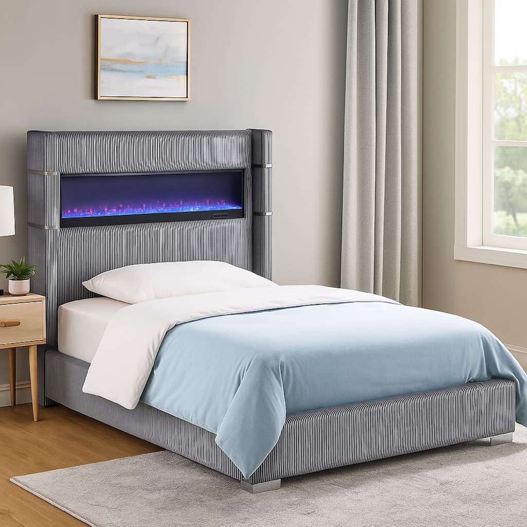 Caro Queen Bed, Wingback Panel w LED Flame, Gray Corduroy Upholstery