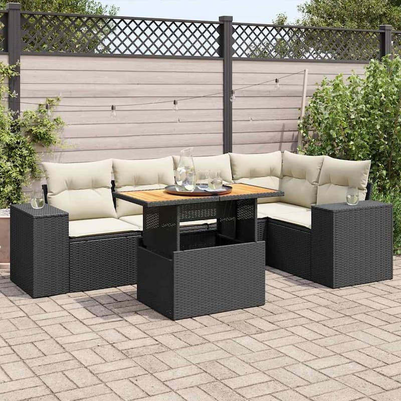 vidaXL Patio Sofa Set with Cushions Sofa Modules Outdoor 6 Piece Poly Rattan - 21.7 x 39.4 x 28.7 - Black and cream