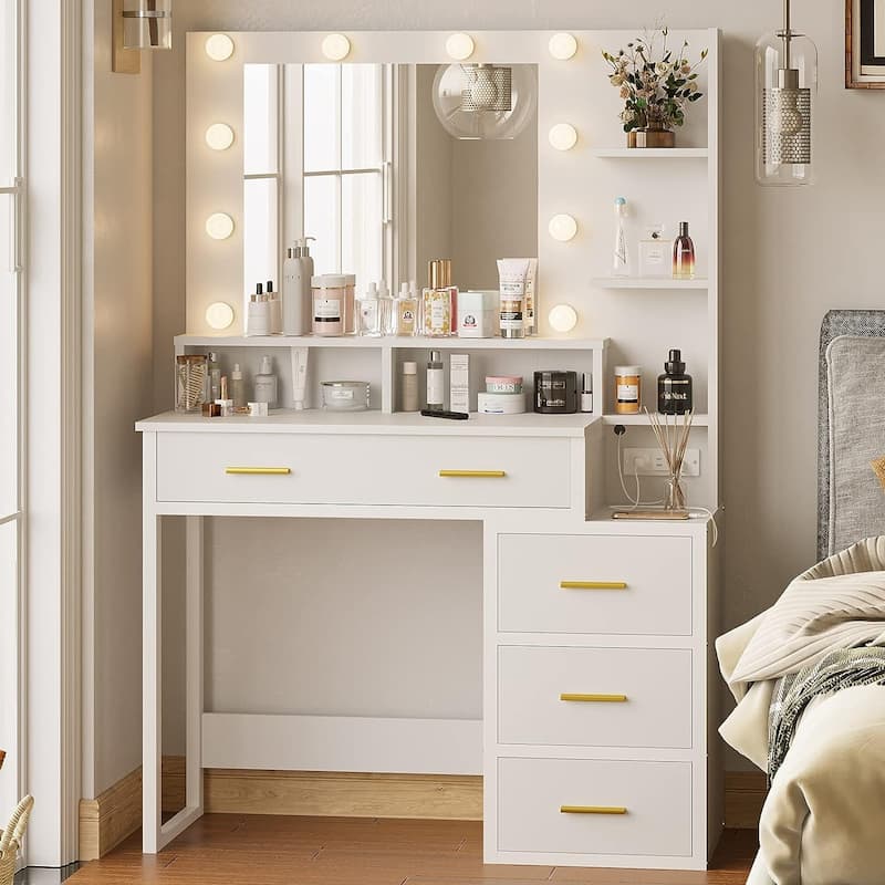 Makeup Vanity Desk 10 Light Bulbs Storage Shelves 5 Drawers