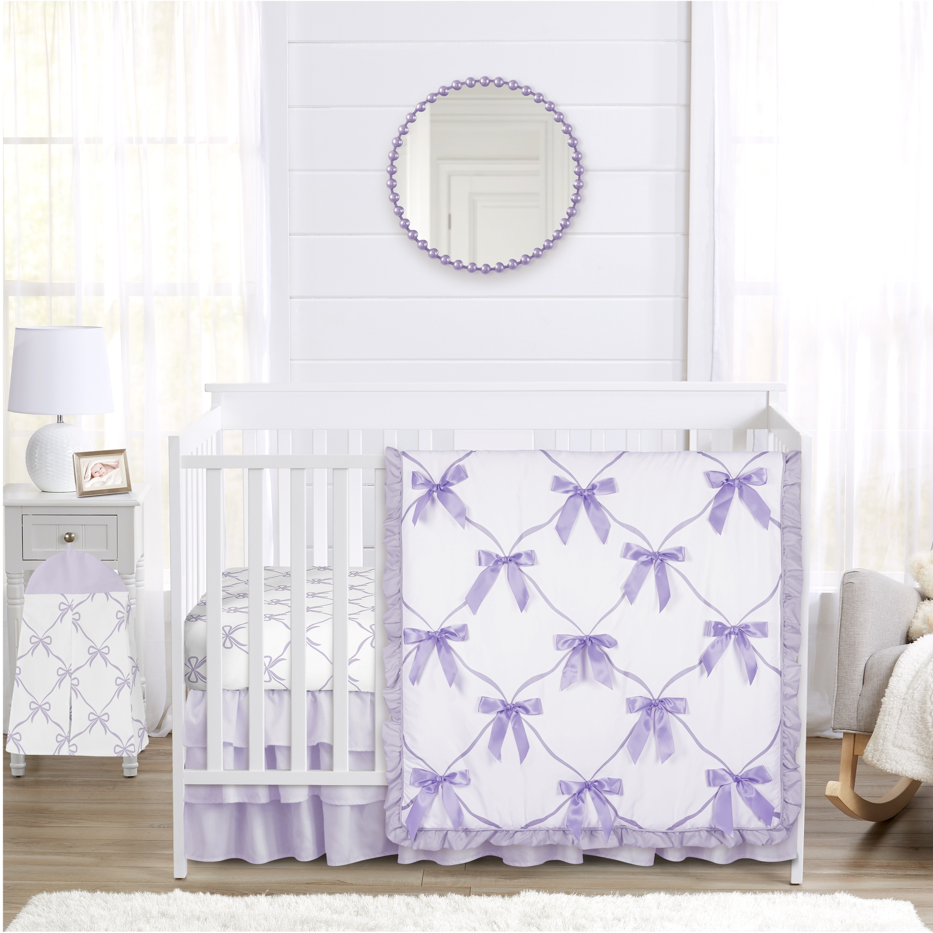 Sweet Jojo Designs Purple Bows Girls 4-piece Nursery Crib Bedding Set - Lavender Bow Vintage Coquette Aesthetic, Elegant Classic
