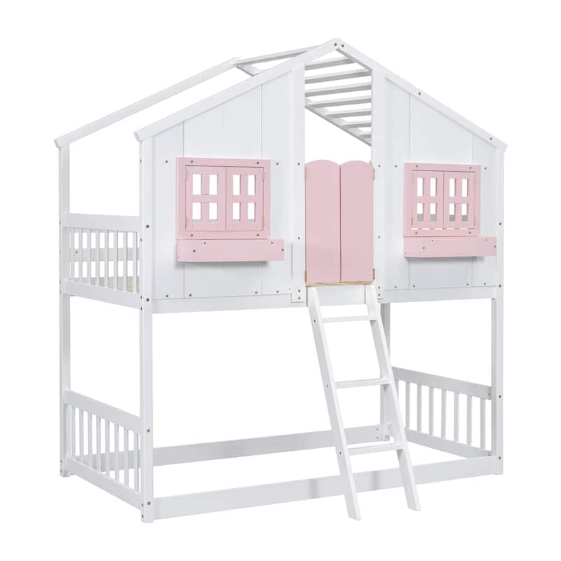 Charming Twin Over Twin House Bunk Bed with Ladder, Roof, and Safety Guardrails - Ideal for Kids' Rooms