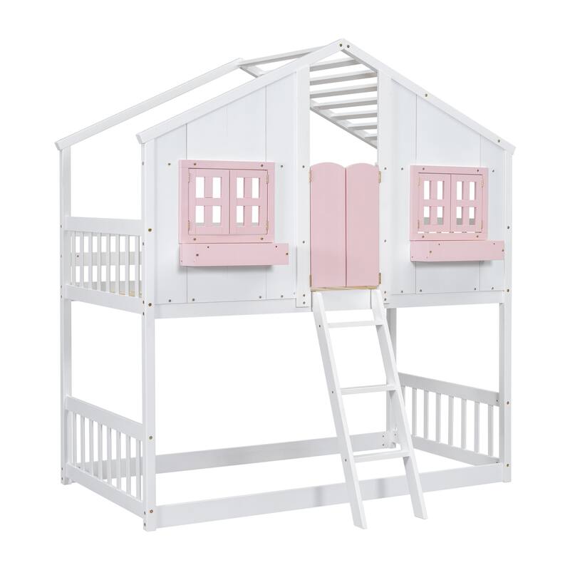 Pink/White Twin Over Twin House Bunk Bed with Roof, Window, Door, Safety Guardrails, and Ladder