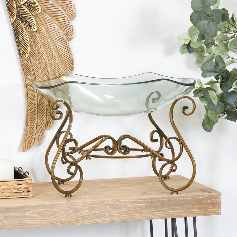 Clear Glass Kitchen Serving Bowl with Gold Metal Scroll Base - Clear