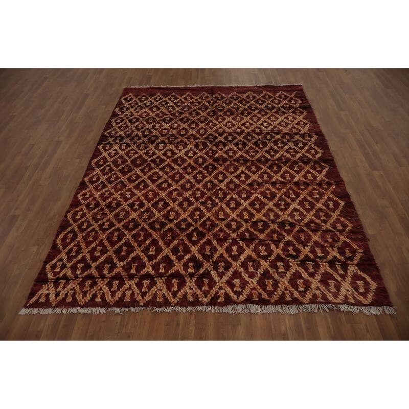 Hand Knotted Oriental 100% Wool Carpet Modern Tribal Red Moroccan Area Rug - 9' 5'' X 6' 11''
