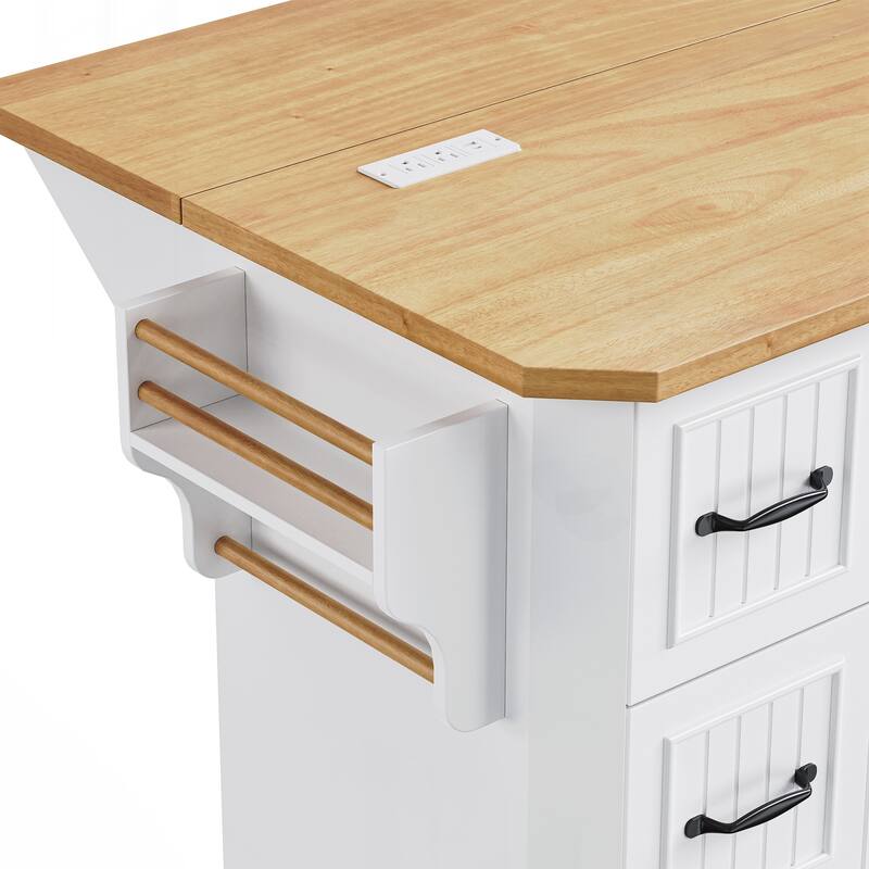 Kitchen Island with Rubber Wood Veneer Drop Leaf, Power Outlet, 4 Door Shelves
