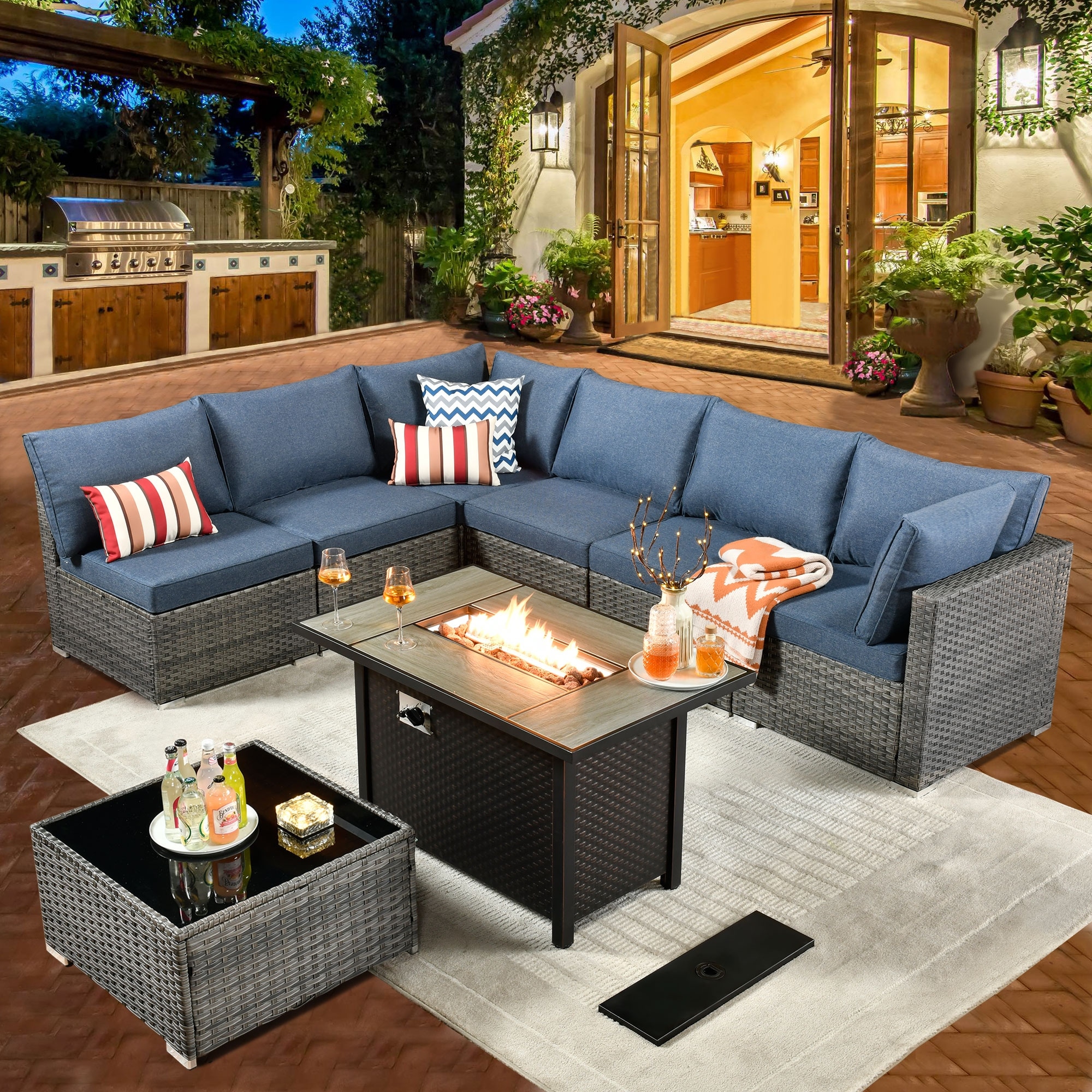 HOOOWOOO 8-piece Grey Wicker Patio Furniture Sectional Set with Fire Pit Table