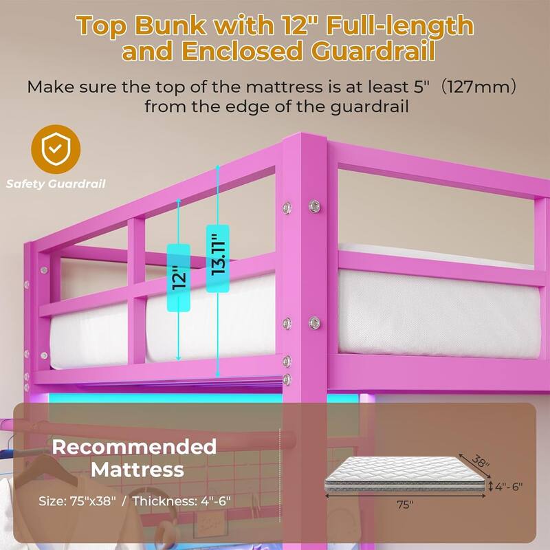 Bunk Bed Twin Over Twin Size with Desk Charging Station L-Shaped Metal