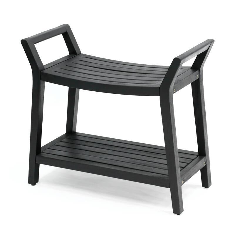 Orla 25.6" Slatted Solid Acacia Wood Indoor/Outdoor Shower Bench, Shelf, Handle, By JONATHAN Y - 25.59L x 12.01W x 23.03H - Black