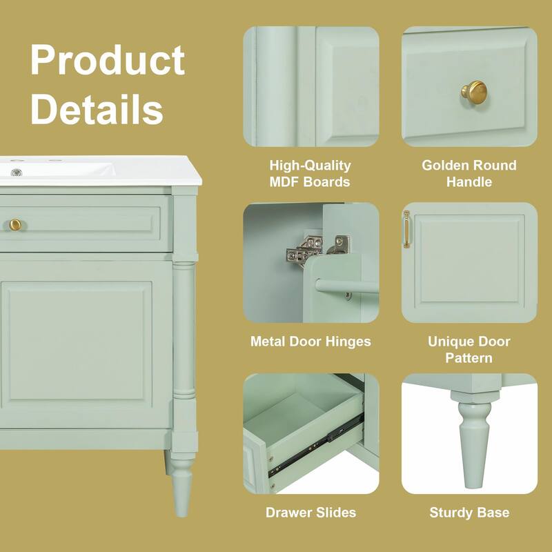 36" Bathroom Vanity with Sink, Freestanding Bathroom Cabinet with Ceramic Basin, Flip Drawer