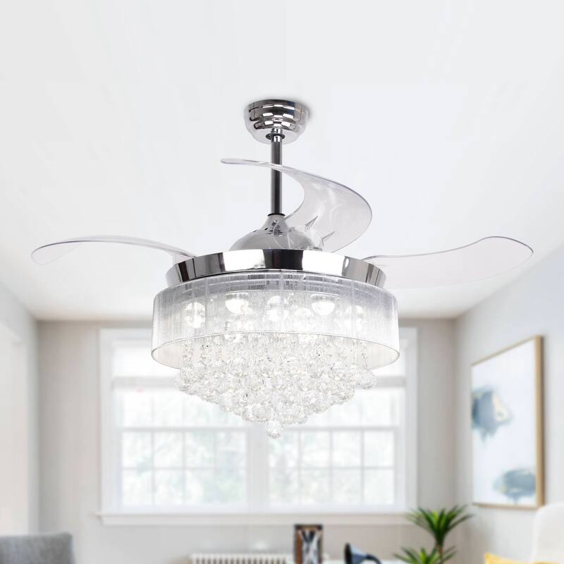46-in Modern 4-Blade Chrome Retractable Crystal LED Ceiling Fan with Light and Remote - 46 Inches