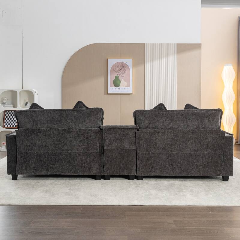 111" Grey Chenille Sectional Sofa with 2 Removable Ottomans, USB Ports, Cup Holders & Storage Box