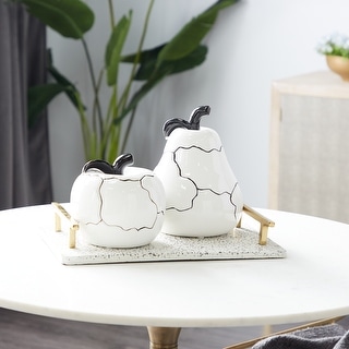 White Ceramic Decorative Fruit Sculpture with Cracked Looking Exterior (Set of 2) - S/2 6.25", 9.5"H