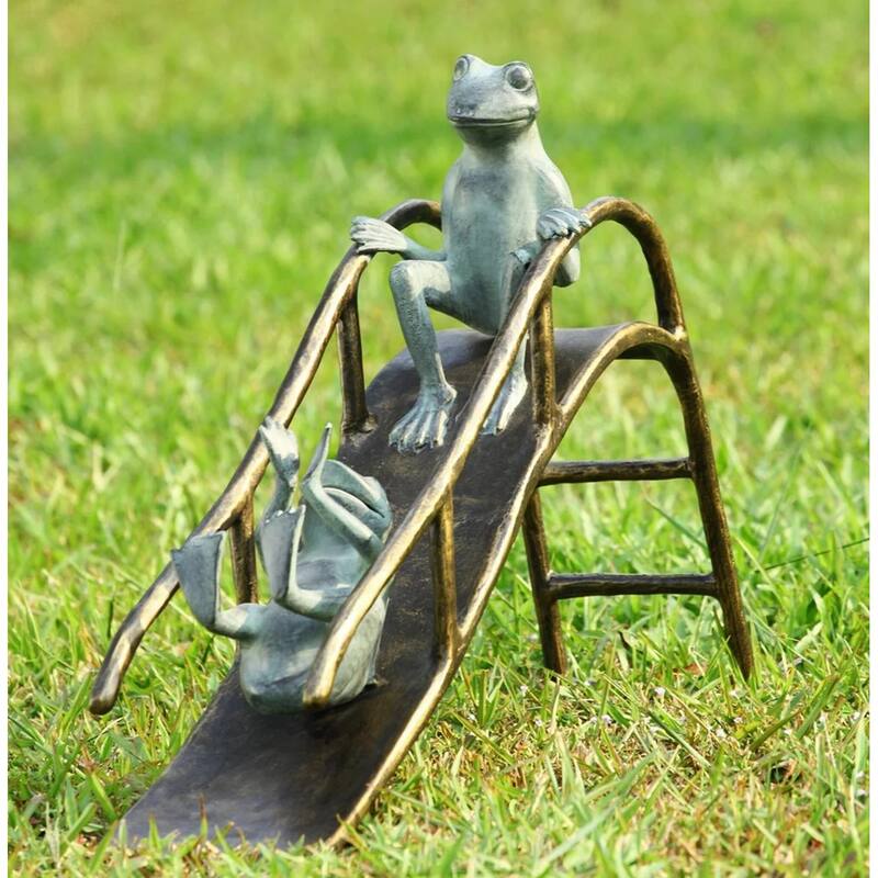 Bronze And Verdigris Finish Sliding Frogs Garden Statue - 18 X 25 X 6.5 inches
