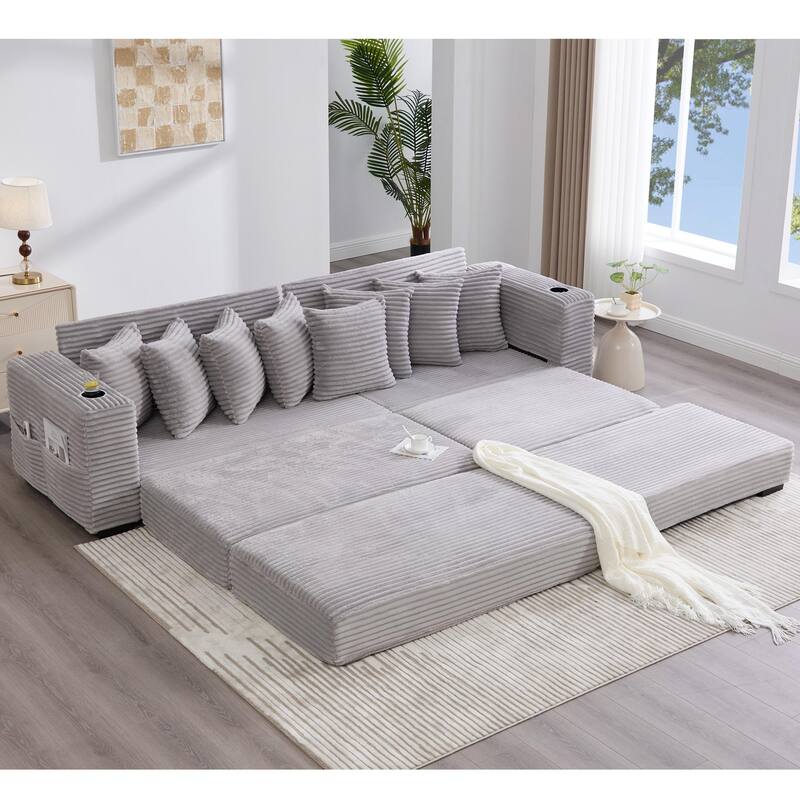 110.75" Corduroy Sectional Sofa, Convertible Sleeper Sofa Bed L-Shaped Upholstered Couch with Removable Footstool, Cup Holder