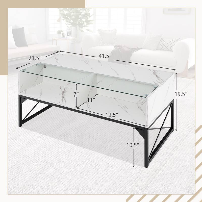 Gymax High-gloss LED Coffee Table w/ Faux Marble & Tempered Glass Top
