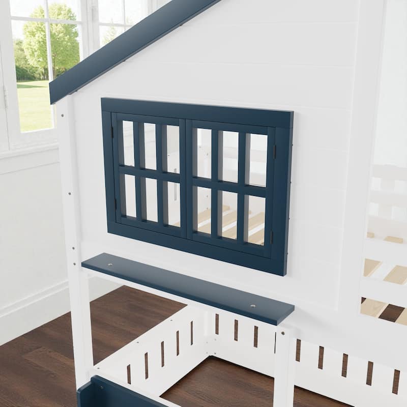 Twin/Full House Bunk Bed with Bookshelf, Safety Fence, Ladder and Loft Play Area, Wooden Kids Bed Frame