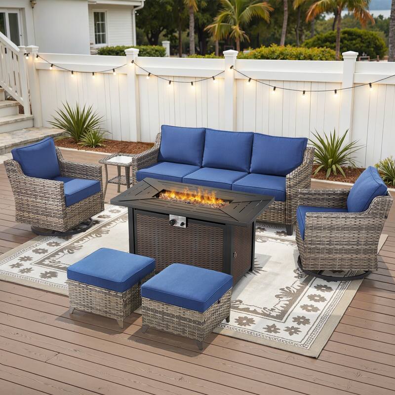 Glissia 7-Piece Gray Wicker Fire Pit Conversation Set with Wicker fire pit - Navy Blue Cushions - Gray Wicker