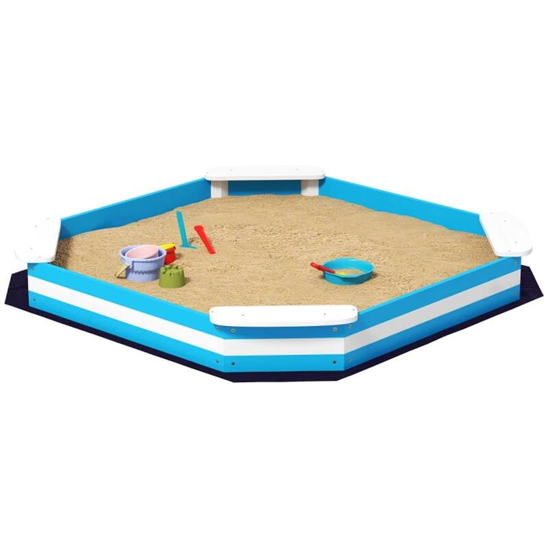 Kids Sandbox Outdoor Wooden Fir Wood with Seats Blue and White for Ages 3 to 6 - 52.4" L x 52.4" W x 6.3" H