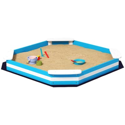 Kids Sandbox Outdoor Wooden Fir Wood with Seats Blue and White for Ages 3 to 6 - 52.4" L x 52.4" W x 6.3" H