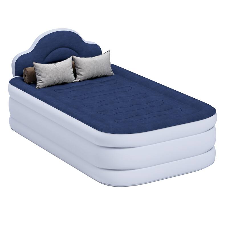 Cloud-shaped inflatable mattress with a built-in power cord, fixed pump head, and inflatable headboard - White/Blue - Twin