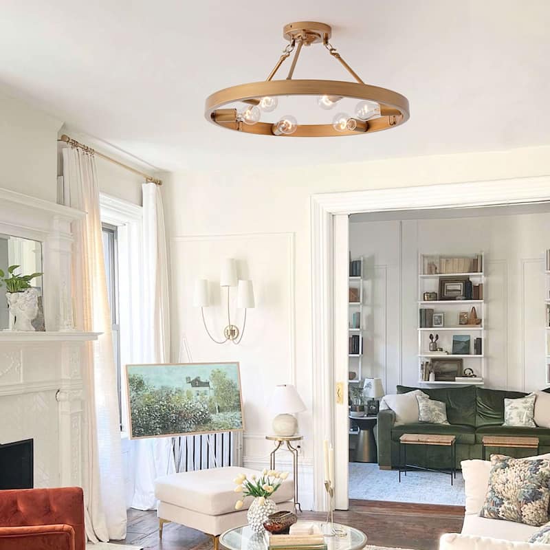 Abigail Wagon Wheel 6-Light Metal Round Rustic Semi-Flush Mount - Brushed Brass