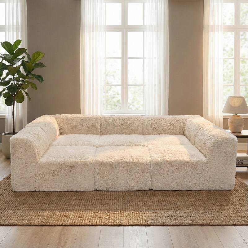 Furniture of America Ylena Modern 6-Piece Faux Fur Foam Modular Compressed Sofa Bed - Sand
