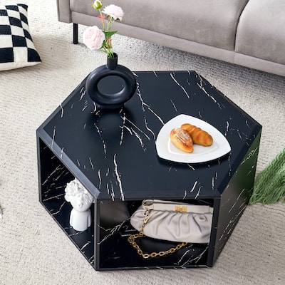 Modern Hexagonal Coffee Table with Perforated Design Storage Space and Marble Pattern Sticker, for Living Room