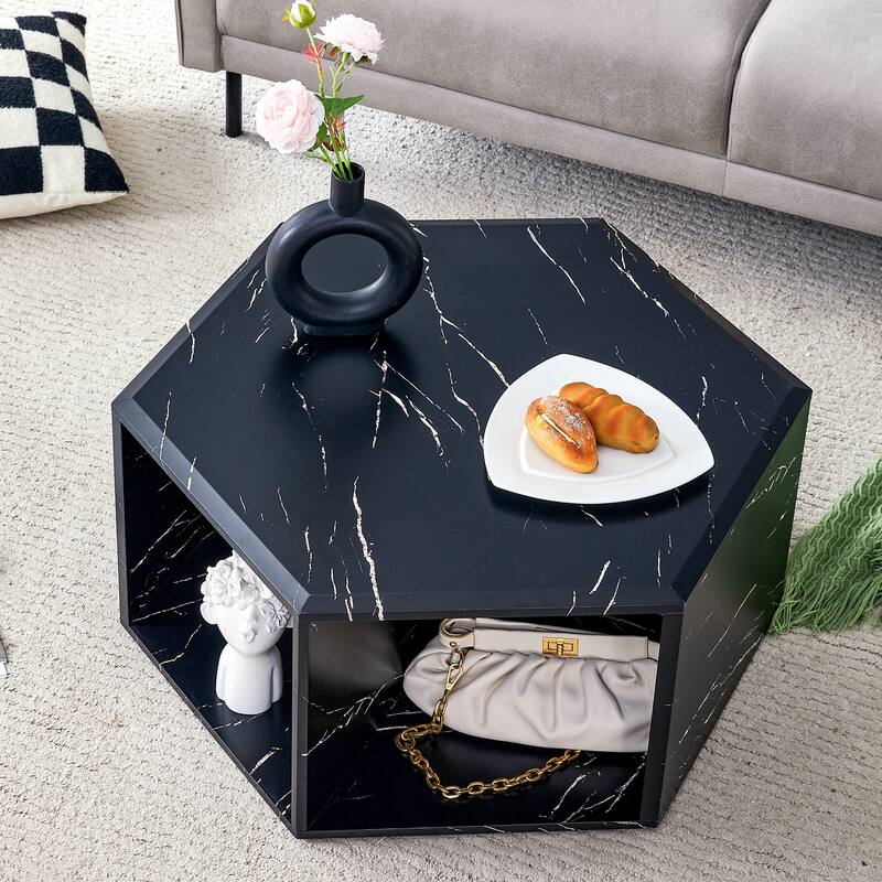Roomfitters Hexagonal MDF Coffee Table with Patterned Finish, Multi-Hole Storage Design for Any Room Style - Black