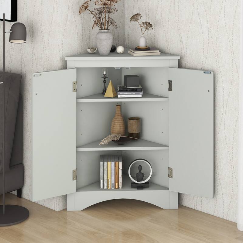 Roomfitters Triangle Corner Bathroom Cabinet, Modern MDF Floor Storage Organizer with Adjustable Shelves & Metal Knobs