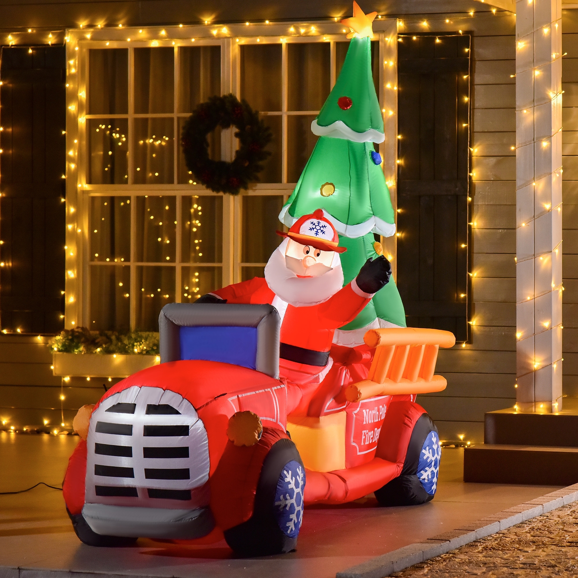 HOMCOM 7.5 ft. Santa Inflatable Christmas Decoration with Fire Truck, Fun Holiday Decor, Large Christmas Decoration