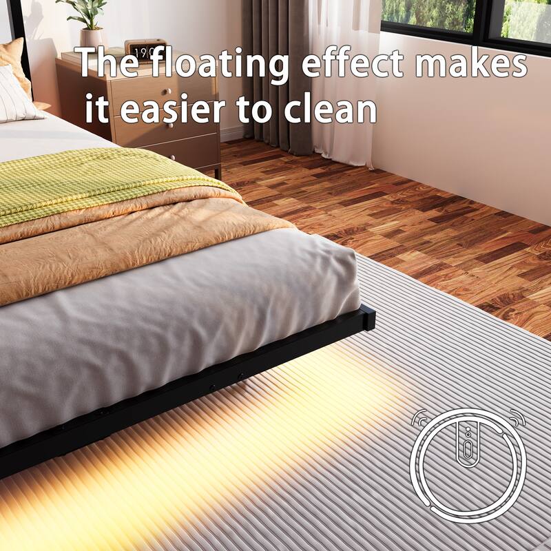 Floating Bed Frame Metal Platform Bed Frame with USB Charging Station Storage Headboard, LED Lights, No Box Spring Needed,Black