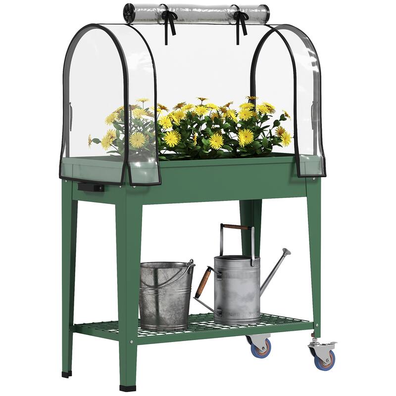 Outsunny Raised Garden Bed with Greenhouse Cover, Large Metal Outdoor Elevated Planter Box with Lockable Wheels