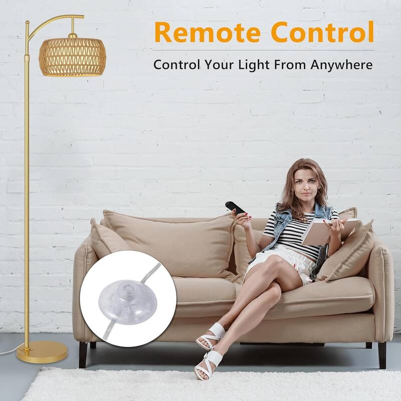 Arc Floor Lamp with 3 Color Temperatures,LED Lamp with Remote & Stepless Dimmable Bulb,Standing Lamp with Rattan & Fabric Shades