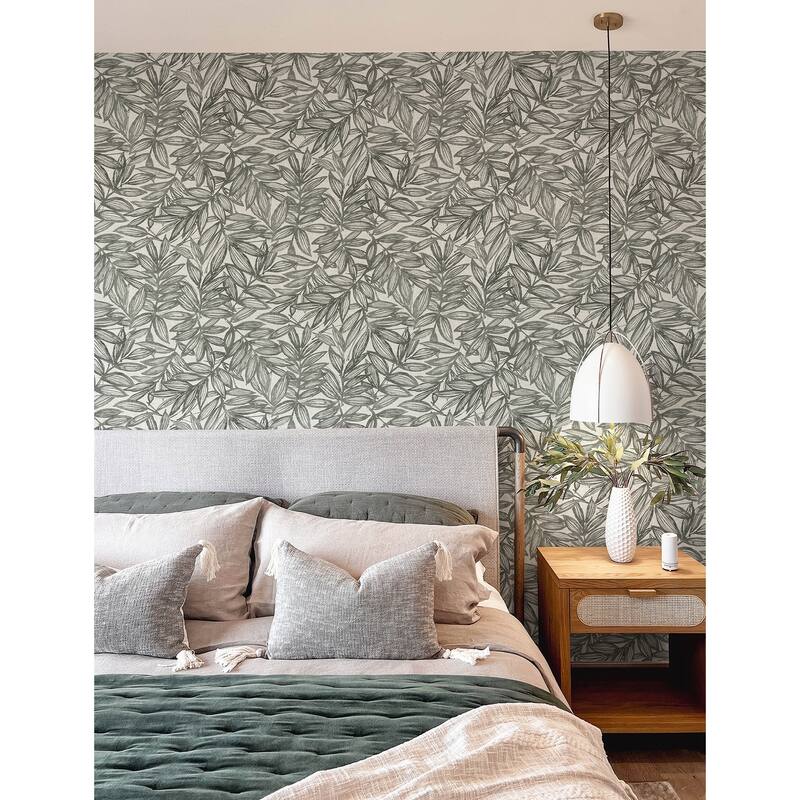 A-Street Prints Rhythmic Charcoal Leaf Wallpaper