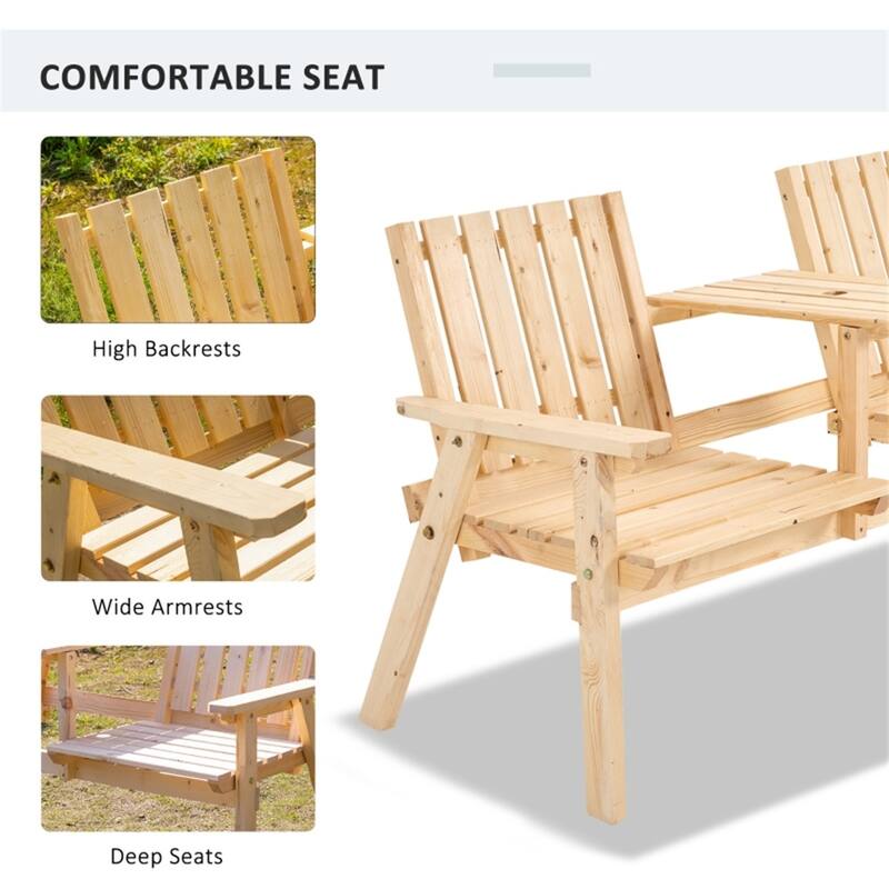 Fir Wood Outdoor Bench Set with Two Chairs and Coffee Table Slatted Design - 59.75" L x 27.5" W x 32.75" H