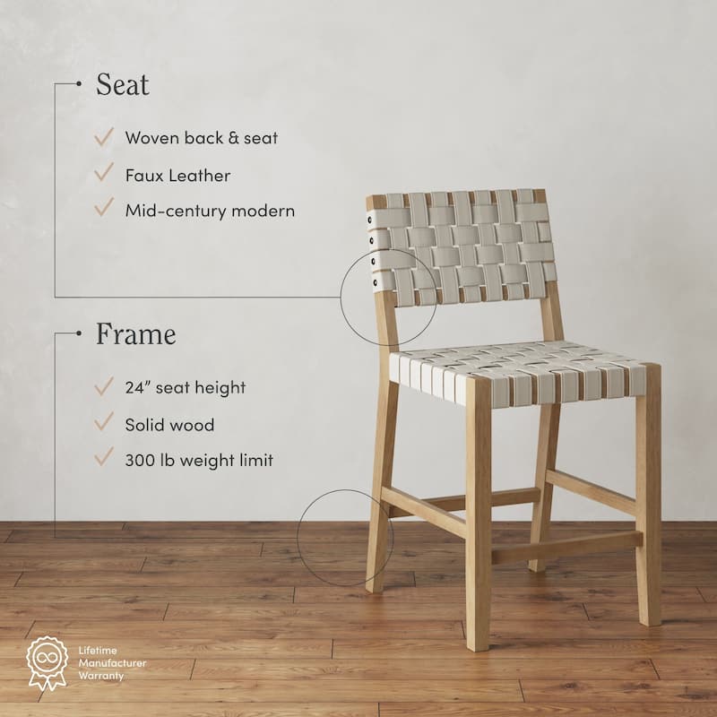 Cohen Mid Century Modern Bar Stool, Upholstered Woven Faux Leather Counter Stool with Back and Solid Wood Legs