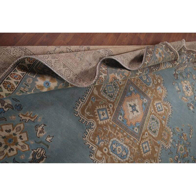 Light Blue Geometric Tabriz Persian Vintage Rug Handmade Wool Carpet - 9'7"x 12'8"