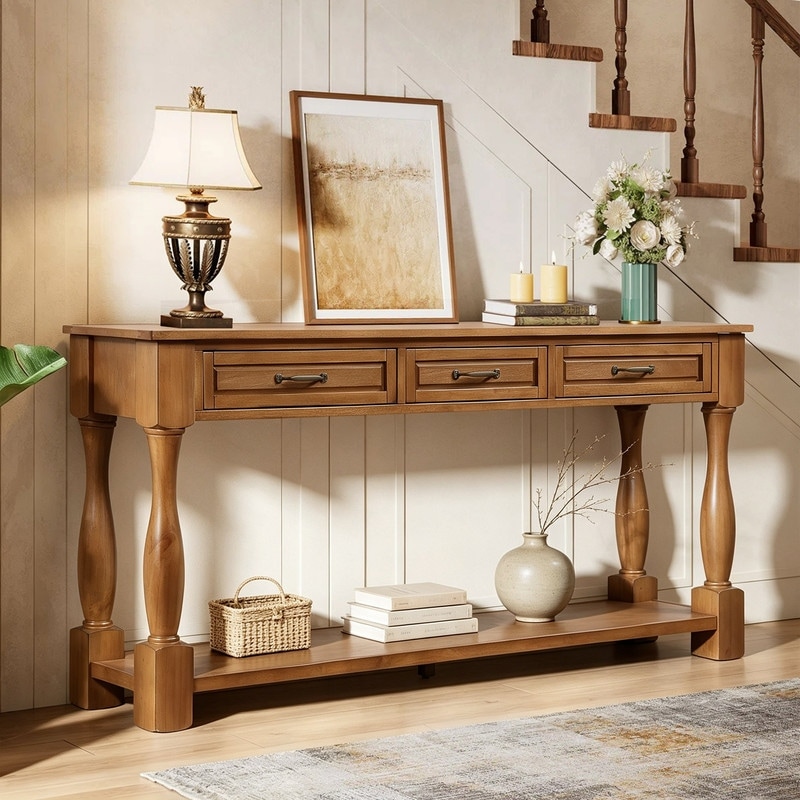 Mid-Century Modern 63-inch Solid Wood Console Table with 3 Drawers and Open Shelf