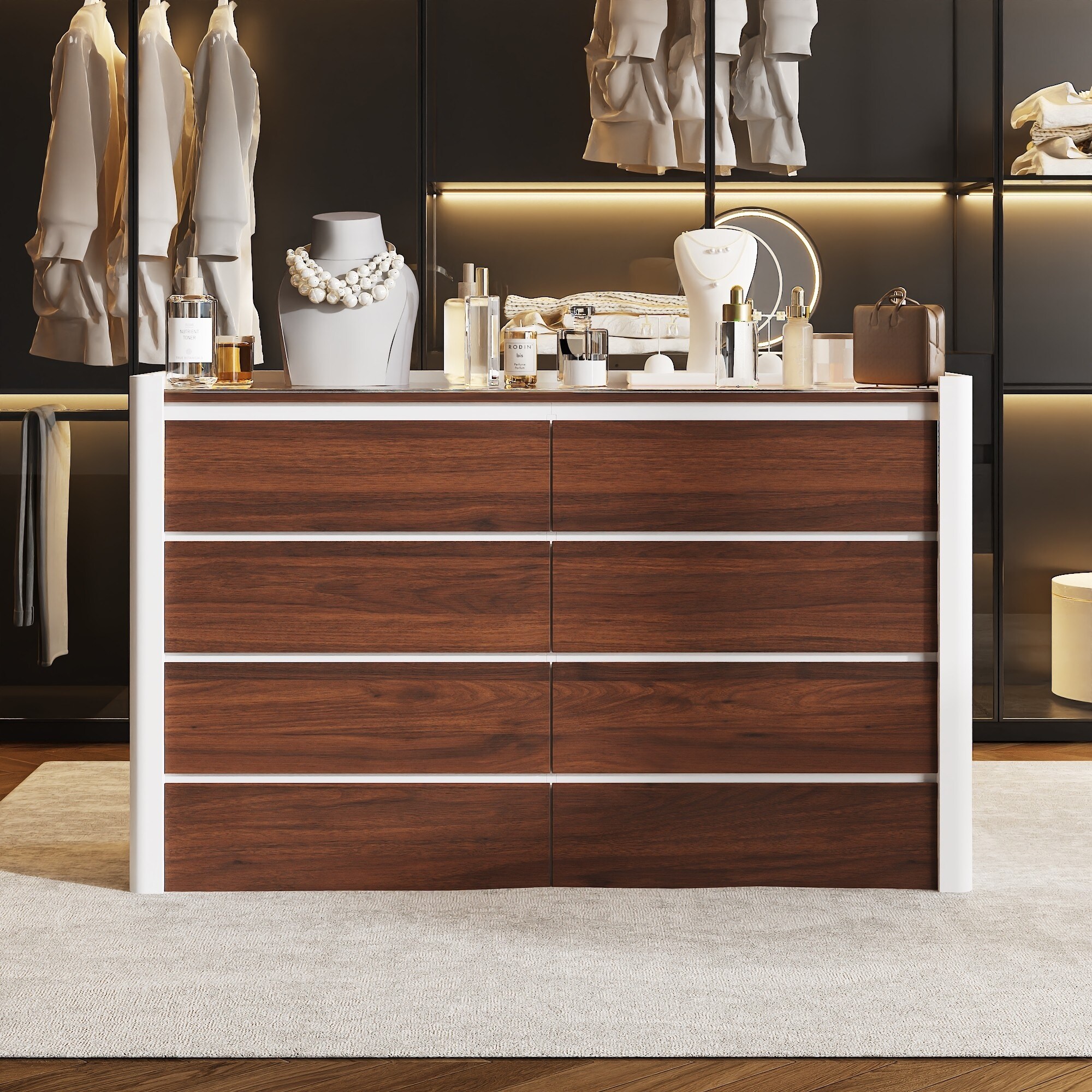 8-Drawer Dresser w/Glass Top, Pine Wood Frame, LED Display 8-Drawer Dresser w/Glass Top, Pine Wood Frame, LED Display