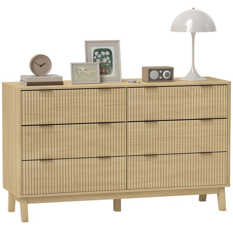 HOMCOM Fluted Dresser for Bedroom with 6 Drawers, 54" Wide Chest of Drawers with Gold Finger Pulls and 5 Wood Legs - Beige