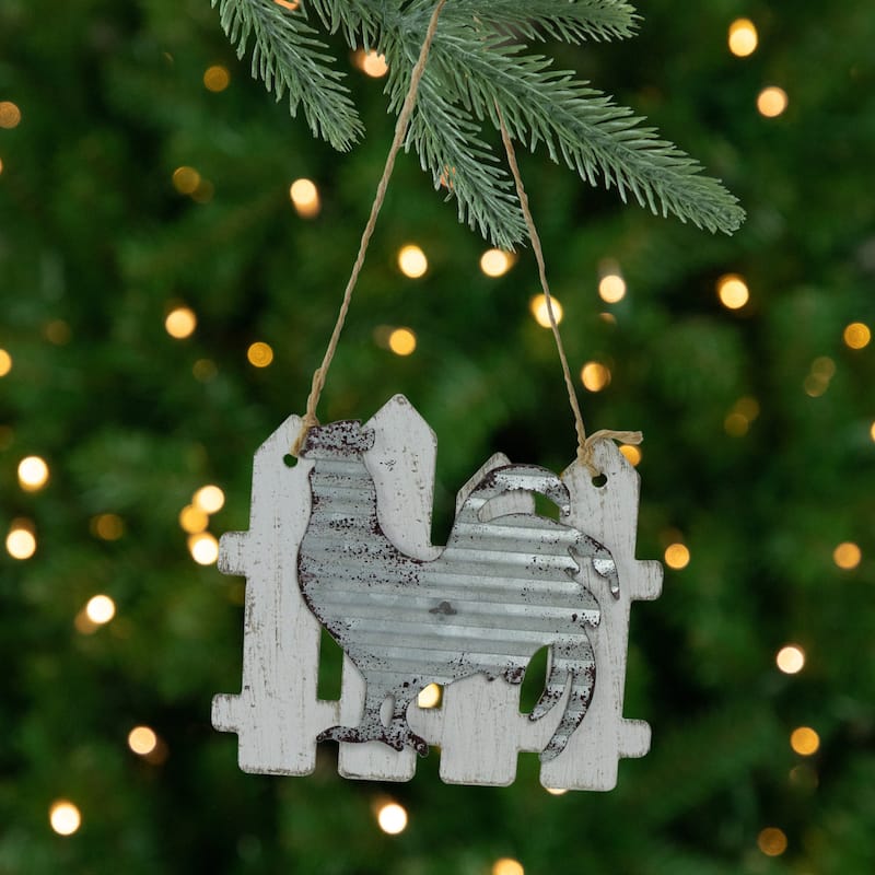 4" Country Rustic Rooster and White Picket Fence Christmas Ornament