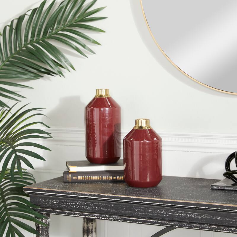 Metal Vase with Gold Rims (Set of 2) - Cream, Blue, Yellow, Red - Red