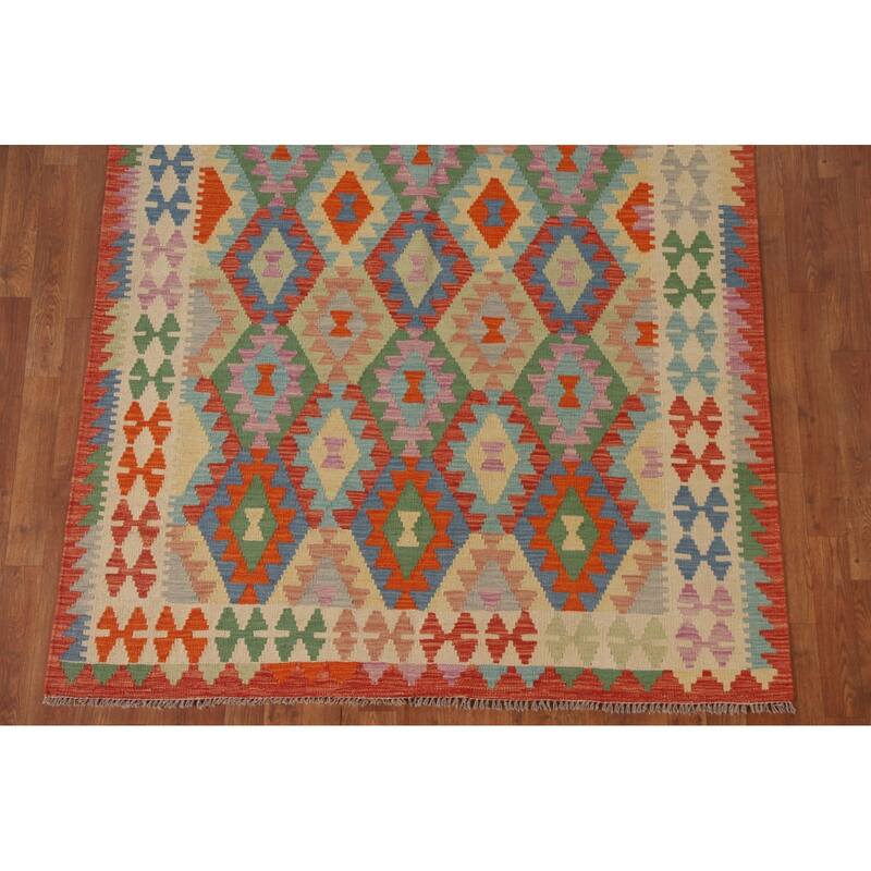 Hand Woven Oriental 100% Wool Carpet Southwestern Geometric Multi-Colored Kilim Area Rug - 6' 5'' X 5' 2''