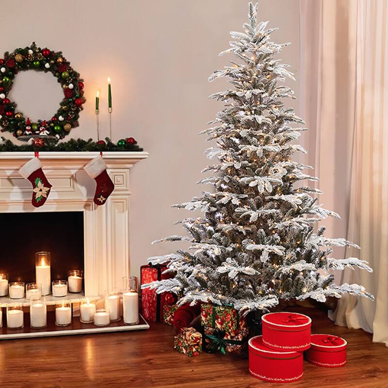 6.5' Full Flocked Aspen Fir Artificial Christmas Tree, Clear Lights - 6.5 Foot