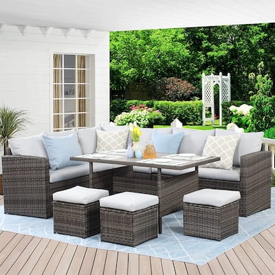 7-Pieces PE Rattan Wicker Patio Dining Sectional Cusions Sofa Set - 30
