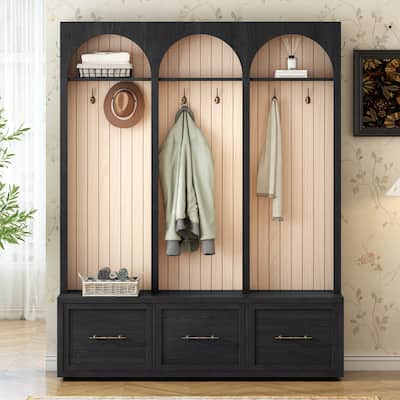 Farmhouse Hall Tree With Arched Design, 8 Hooks & 3 Drawers, 59" Bench For Mudroom,74.8"H.