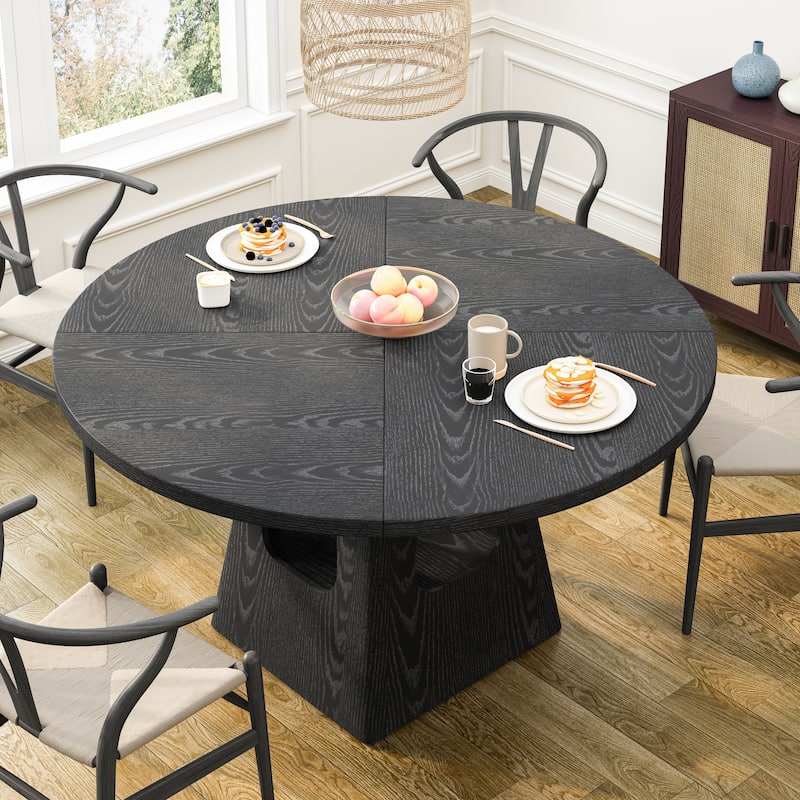 47" Round Farmhouse Dining Table with Storage Base & Wooden Tabletop for 4-6 - Black