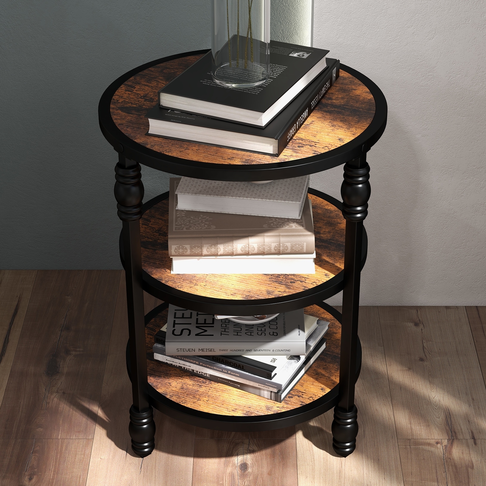 3-Tier Round End Table with Storage Shelf, Metal Industrial Wood